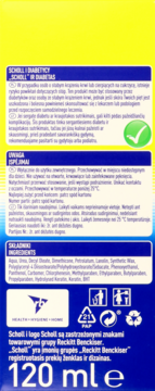 Tył żółto-niebieskiego opakowania kremu Scholl dla diabetyków, widoczna lista składników i objętość 120 ml.