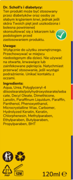 Tył żółtego opakowania kremu Dr. Scholl's na popękane pięty 120ml z informacjami dla diabetyków i składem.