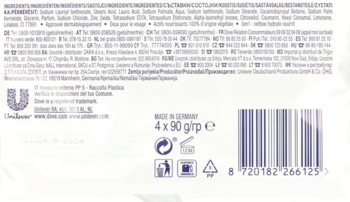 Tył opakowania mydła Dove Beauty Cream Bar, białe z fioletowym tekstem, kod kreskowy i informacją 4x90g.