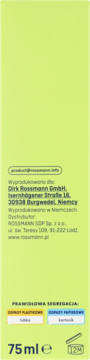 Tył jasnozielonego opakowania Rossmann 75 ml: dane producenta, dystrybutora, recykling (plastik, papier) i symbol 12M.