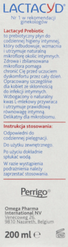 Lactacyd Prebiotic płyn do higieny intymnej. Biała butelka z opisem i niebiesko-czerwonym logo, widok z przodu, 200 ml.