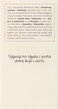 Opis kremu dla dzieci z olejami: morelowym, ryżowym i makowym, składnikami oraz instrukcją użycia.