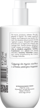 Tył białej butelki naturalnego żelu Hagi do ciała i włosów z olejkiem migdałowym, widoczny polski tekst, kod QR i pojemność 250ml.