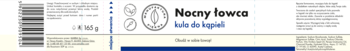 Etykieta kuli do kąpieli 'Nocny łowca' z czarnym tytułem, niebieskim opisem i liniowymi ikonami. Widok z przodu.