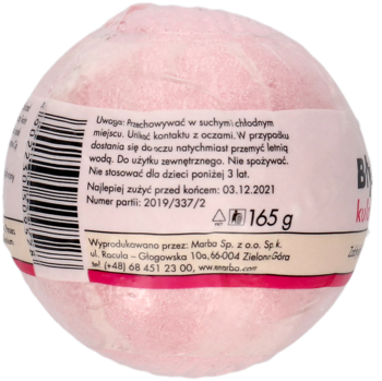 Różowa musująca kula do kąpieli malinowa z brokatem, tył z etykietą produktu, widoczna data 03.12.2001.