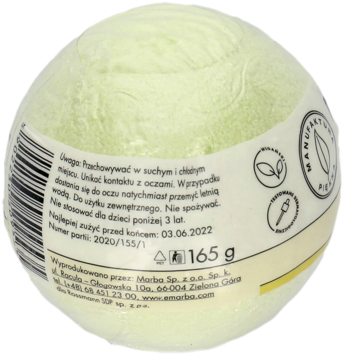 Limonkowa kula do kąpieli 165g, tył opakowania z etykietą producenta Marba i kodem kreskowym.