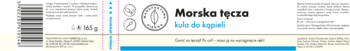 Etykieta kuli do kąpieli Morska tęcza, ręcznie formowanej, na białym tle z ikonami i niebieskim paskiem.