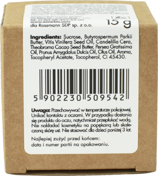 Tył kartonowego opakowania cukrowego peelingu do ust z widoczną listą składników, kodem kreskowym i ostrzeżeniami.