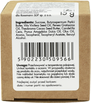 Tył kartonowego opakowania peelingu do ust o aromacie białej czekolady 15g, z listą składników i kodem EAN.