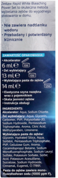 Tył opakowania Rapid White Bleaching Power Set, szczegółowy skład akceleratora, żelu i pasty wybielającej.