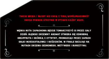 Czarna grafika informacyjna Pomady Barbero z ozdobnym wzorem, opisuje kontrolę włosów, brody i drzewny, męski zapach.
