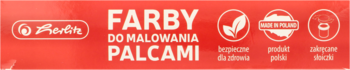Czerwona etykieta farb Herlitz do malowania palcami: bezpieczne dla zdrowia, produkt polski, zakręcane słoiczki.