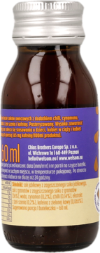 Tył brązowej butelki 60ml napoju owocowego z chili, cynamonem i naturalną kofeiną, widoczna purpurowa etykieta.