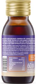 Tył butelki Focus Shot 60ml z ciemnego szkła, złota nakrętka. Fioletowa etykieta z wartościami odżywczymi, ostrzeżeniami.