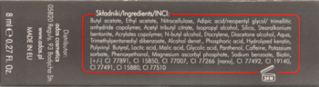 Tył opakowania lakieru z odżywką Art de Lautrec, lista składników INCI z kofeiną, biotyną, 8ml.