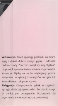 Instrukcja użycia gąbek do makijażu na różowo-białym tle, tekst w języku polskim, sekcja Wskazówka i Pielęgnacja.