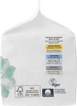 Tył białego opakowania podpasek z bawełną organiczną. Widoczne instrukcje recyklingu, logo FSC i symbol Vegan.