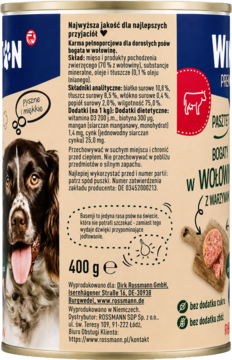 Tył puszki karmy pełnoporcjowej W&N dla psów dorosłych z wołowiną, 400g, lista składników i wizerunek psa.