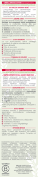 Tylna strona kremu na rozstępy Mustela Maternite, jasnobeżowe opakowanie z czerwonymi nagłówkami, tekst i logo B Corp.
