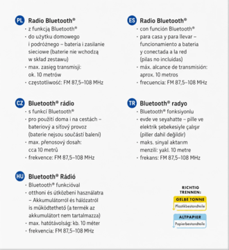 Dokument: Radio Ideenwelt Bluetooth, specyfikacja techniczna FM, Bluetooth i zasilania w pięciu językach na białym tle.