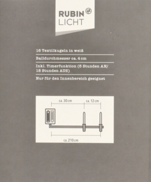 Ulotka produktowa Rubin Licht: niemiecki tekst o łańcuchu LED z 16 białymi kulami 4cm i timerem, schemat wymiarów.