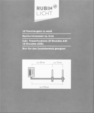Opakowanie łańcucha świetlnego LED RUBIN LICHT z 16 białymi kulami 4cm, timerem i schematem 210cm. Widok z przodu.