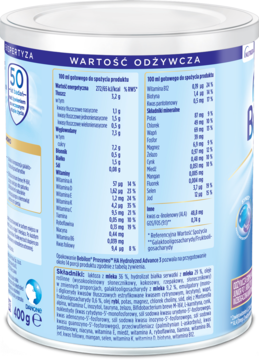 Tył puszki mleka modyfikowanego Bebilon Prosyneo Ha 3. Biało-niebieskie opakowanie z tabelą wartości odżywczych.