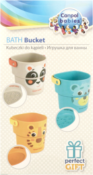 Canpol babies: zestaw 3 kolorowych wiaderek HELLO LITTLE do kąpieli z motywami zwierząt, dwa z sitkami.