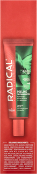 Czerwone opakowanie Radical Peeling Trychologiczny, tubka z zieloną etykietą, widoczna lista składników na dole.