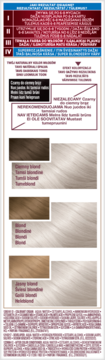 Hair dye color chart with Polish instructions and warnings, illustrating blonde lightening results from dark to light hair.
