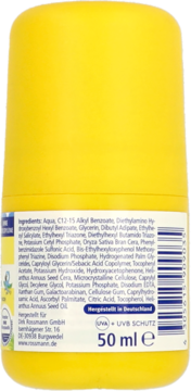 Żółty roll-on Sunozon Kids, krem przeciwsłoneczny, tył opakowania ze składem i 50 ml pojemności.