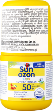 Żółty roll-on Sunozon Kids Sonnen-Roller SPF 50+, bez oktokrylenu i perfum, widok z przodu butelki.