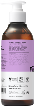 Tył brązowej butelki naturalnego szamponu Yope Super Smooth, z fioletową etykietą i listą składników.