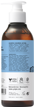 Tył brązowej butelki naturalnego szamponu Yope Super Fresh z białą pompką, widoczne napisy i skład.