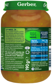 Tył słoiczka Gerber Organic Bukiet warzyw z cielęciną i ryżem, zielona etykieta z polskim tekstem i wartościami odżywczymi.