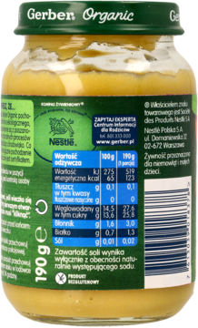 Gerber Organic deserek w szklanym słoiku, widok z tyłu z zieloną etykietą i tabelą wartości odżywczych 190g.