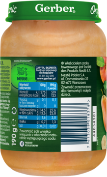 Tył słoiczka Gerber Organic Banany z jabłkiem, gruszką i brzoskwiniami, z danymi odżywczymi i Nestlé.