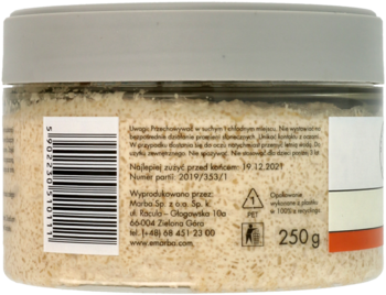 Tył opakowania nawilżającego peelingu cukrowego o zapachu białej czekolady, w przezroczystym słoiku, 250g.
