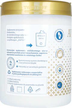 Białe opakowanie uzupełniające nawilżanego papieru toaletowego. Złota zakrętka, opis systemu zamknięcia i recyklingu.