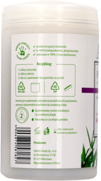 Tył białego opakowania chusteczek micelarnych Avellia, z detalami recyklingu i zielonymi informacjami.