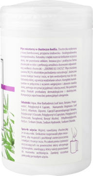 Tył opakowania chusteczek micelarnych Avellia z bambusa, z widocznym składem i opisem użycia, dla skóry wrażliwej.