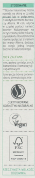 Fragment etykiety serum Alterra z kwasem hialuronowym: opis stosowania i loga certyfikatów Vegan, FSC.
