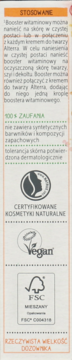 Triple Vitamin Booster serum, tył opakowania z polskim opisem stosowania i certyfikatami Vegan, FSC.