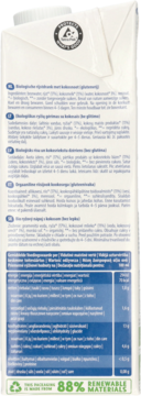 Tył białego kartonu Ekologicznego napoju ryżowego z kokosem (bez glutenu), niebieska tabela i logo odnawialnych materiałów.