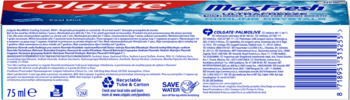 Tył opakowania pasty Colgate Maxfresh Cooling Crystals 75ml. Widoczne informacje o produkcie, kod kreskowy i recykling.