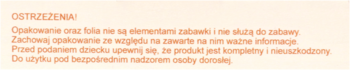 Jasnopomarańczowa etykieta z rozmytymi ostrzeżeniami bezpieczeństwa dla produktu Odkrywamy kształty - puzzle.