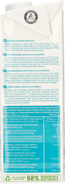 Tył kartonu ekologicznego napoju kokosowego bezglutenowego, z niebieską etykietą, listą składników i tabelą wartości odżywczych.