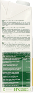 Tył białego kartonu organicznego napoju sojowego waniliowego bez glutenu, z tabelą wartości odżywczych.