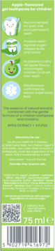 Green, apple-flavored gel toothpaste for children, 75ml. Packaging details tooth protection, apple extract, and xylitol.
