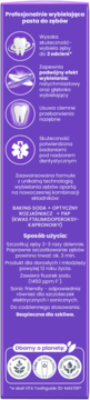 Fioletowy panel pasty wybielającej, tekst i ikony: wybiela zęby do 2 odcieni, formuła z PAP, potwierdzona skuteczność. Widok z przodu.